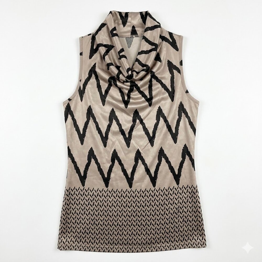 Linea Domani Top Size Small Cowl Neck Sleeveless Geometric Chevron Tan Black
